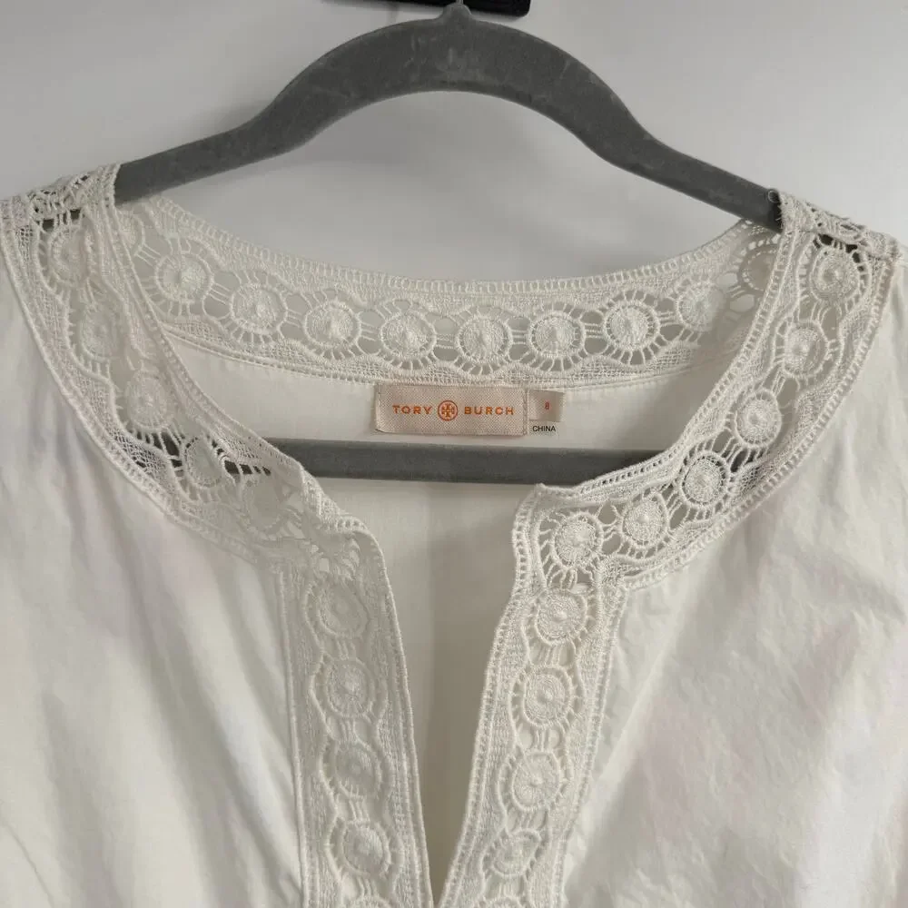 Tory Burch Cotton Lace Trimmed Larissai Dress Womens Sz 4 White Short Sleeve